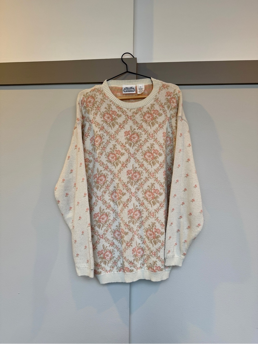 The Villager Floral Knit Sweater Cream Pink Cottagecore Size S Made in USA
